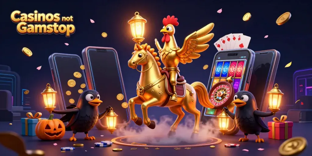 Experience thrilling action in Casinos not on Gamstop with our vibrant 3D illustration featuring gaming excitement.