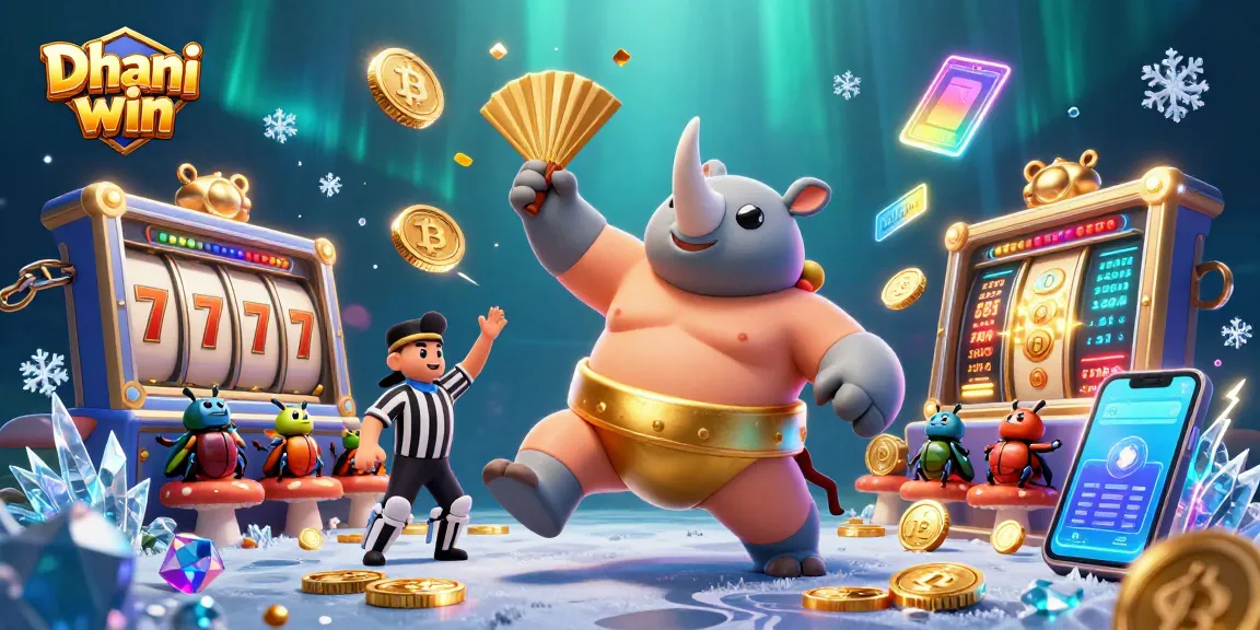 Dhani win casino scene showcasing slot coins and characters in an exciting gambling atmosphere.