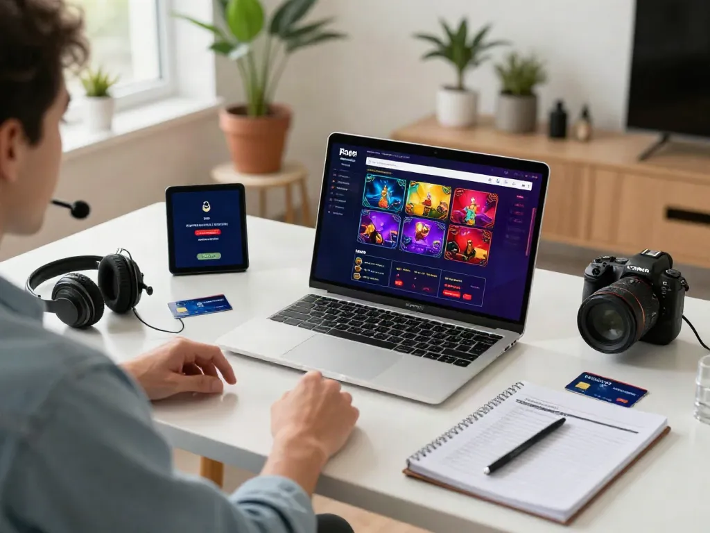 Explore the modern credit card casino experience, showcasing an engaging online gaming environment with a player at their desk.