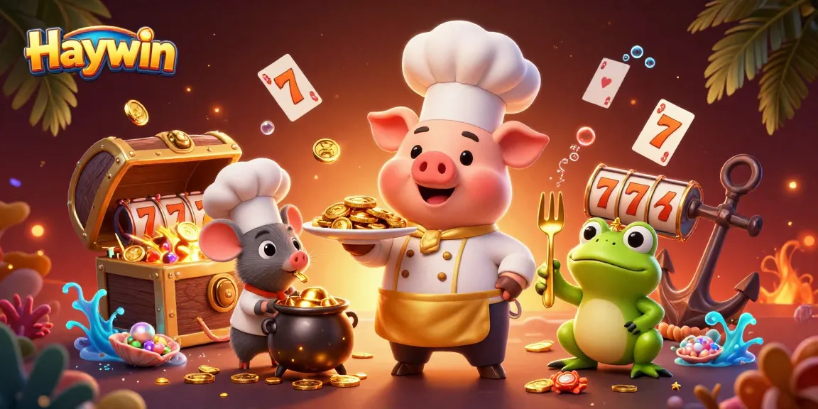 Experience thrilling wins with Haywin as cartoon characters serve golden coins in an exciting casino scene.