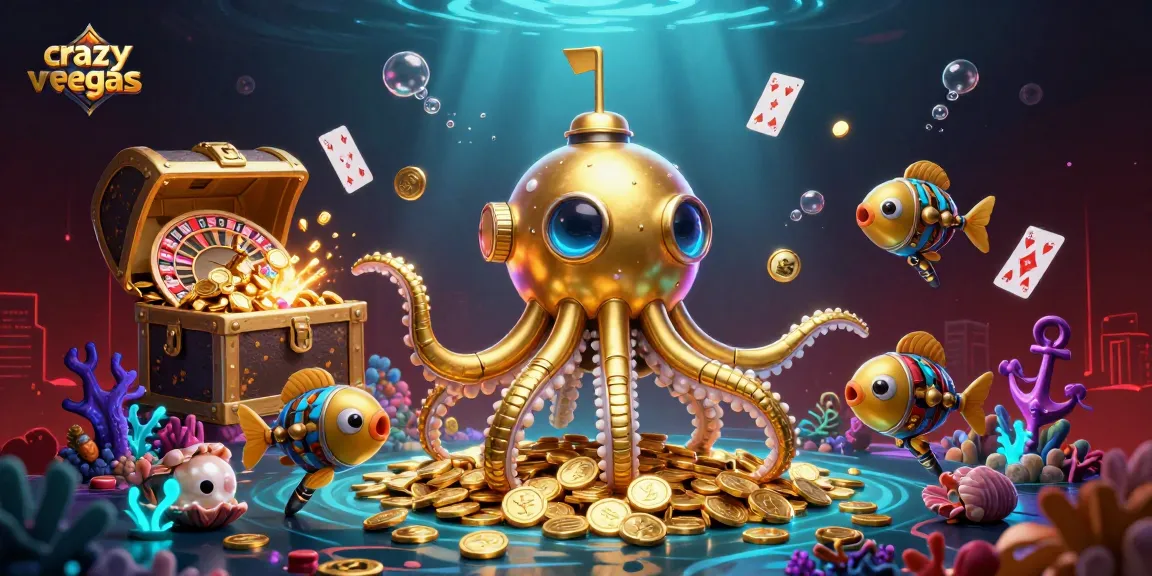 Play exciting roulette at CrazyVegas with a golden kraken submarine emerging from coins.
